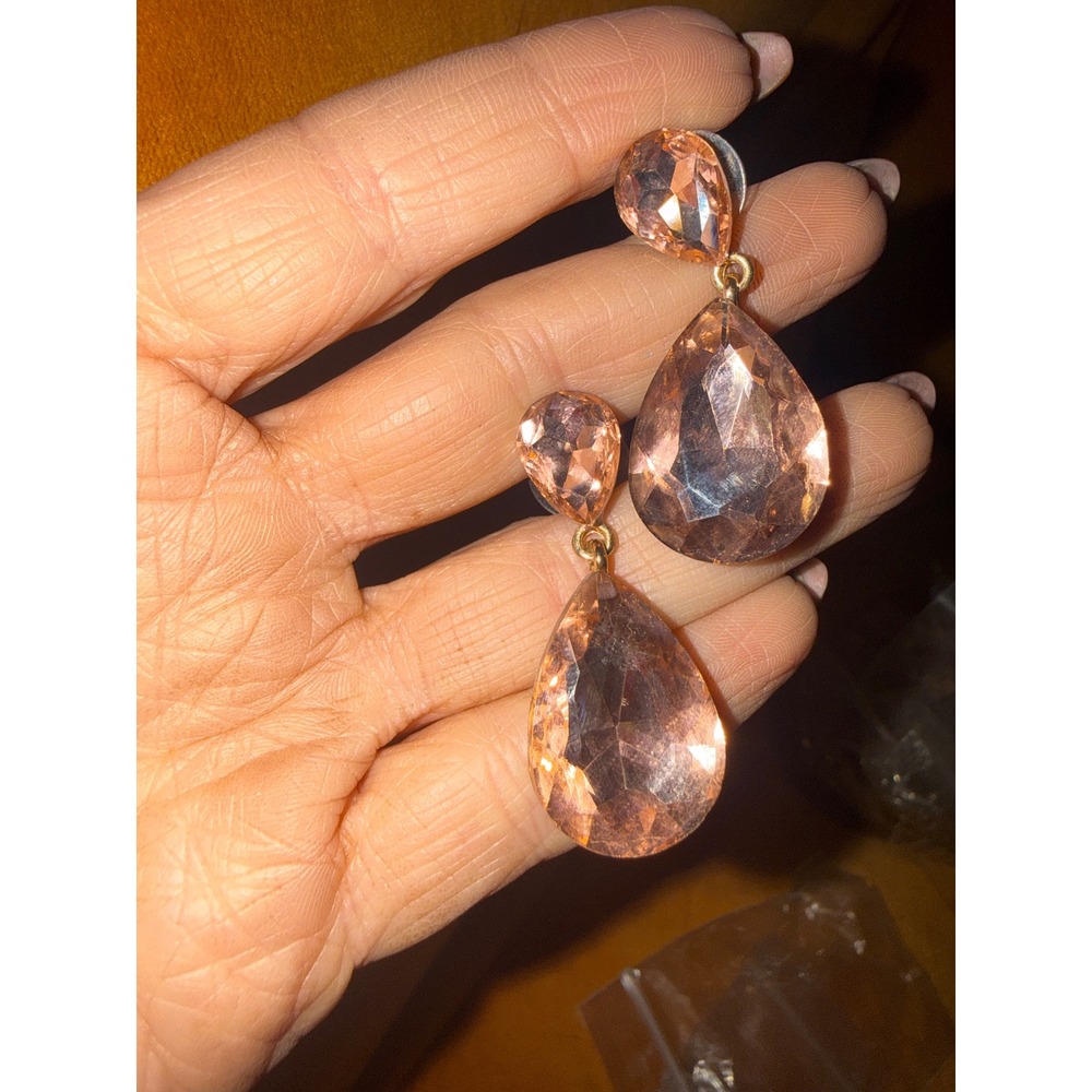 Champagne Pink Teardrop Dangle Earrings Gold Tone Faceted Crystal Statement Drop